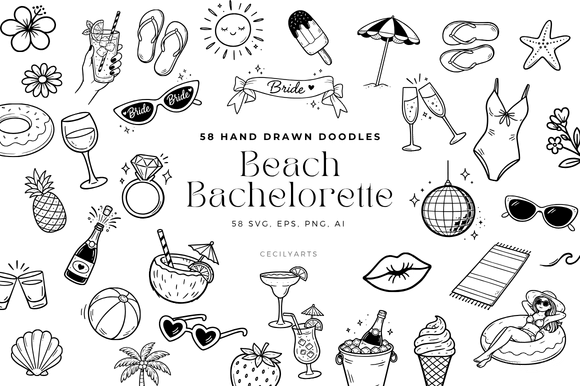 Download Beach Bachelorette Doodle Clipart Set - Doodle Collection