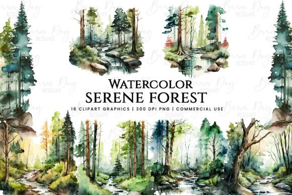 Download Watercolor Serene Forest Clipart Bundle - Forest clipart Collection